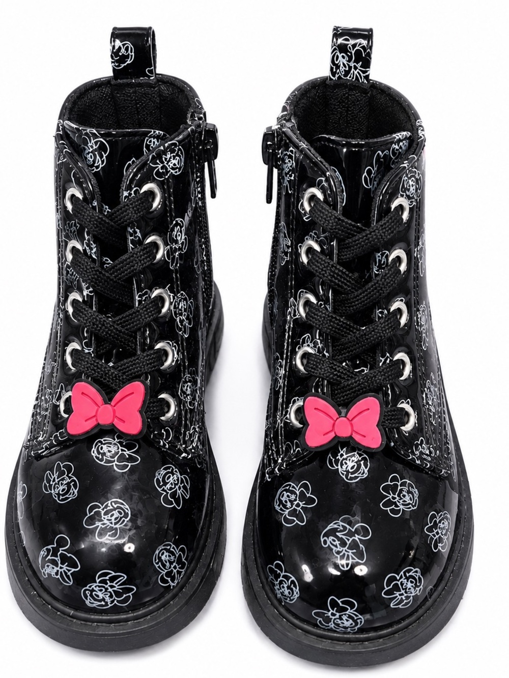 Disney New Black Floral Patent Lace-Up Boots with Pink Bow